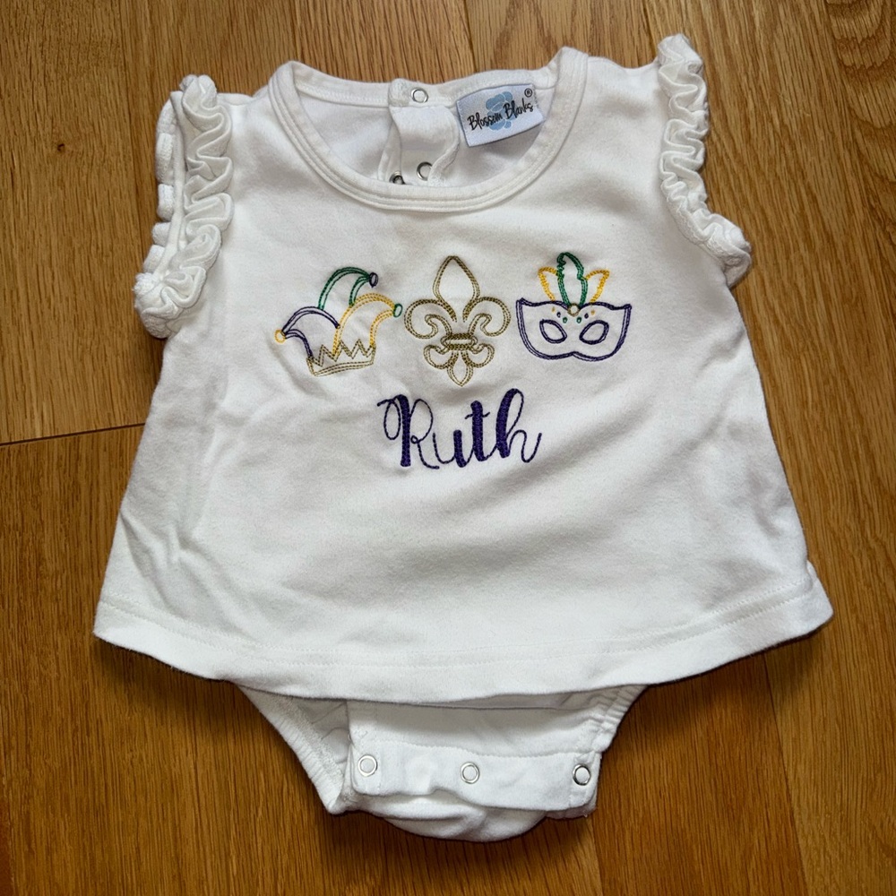 Blossom Blanks Mardi Gra Ruth embroidered body suit. Size 6-9 months